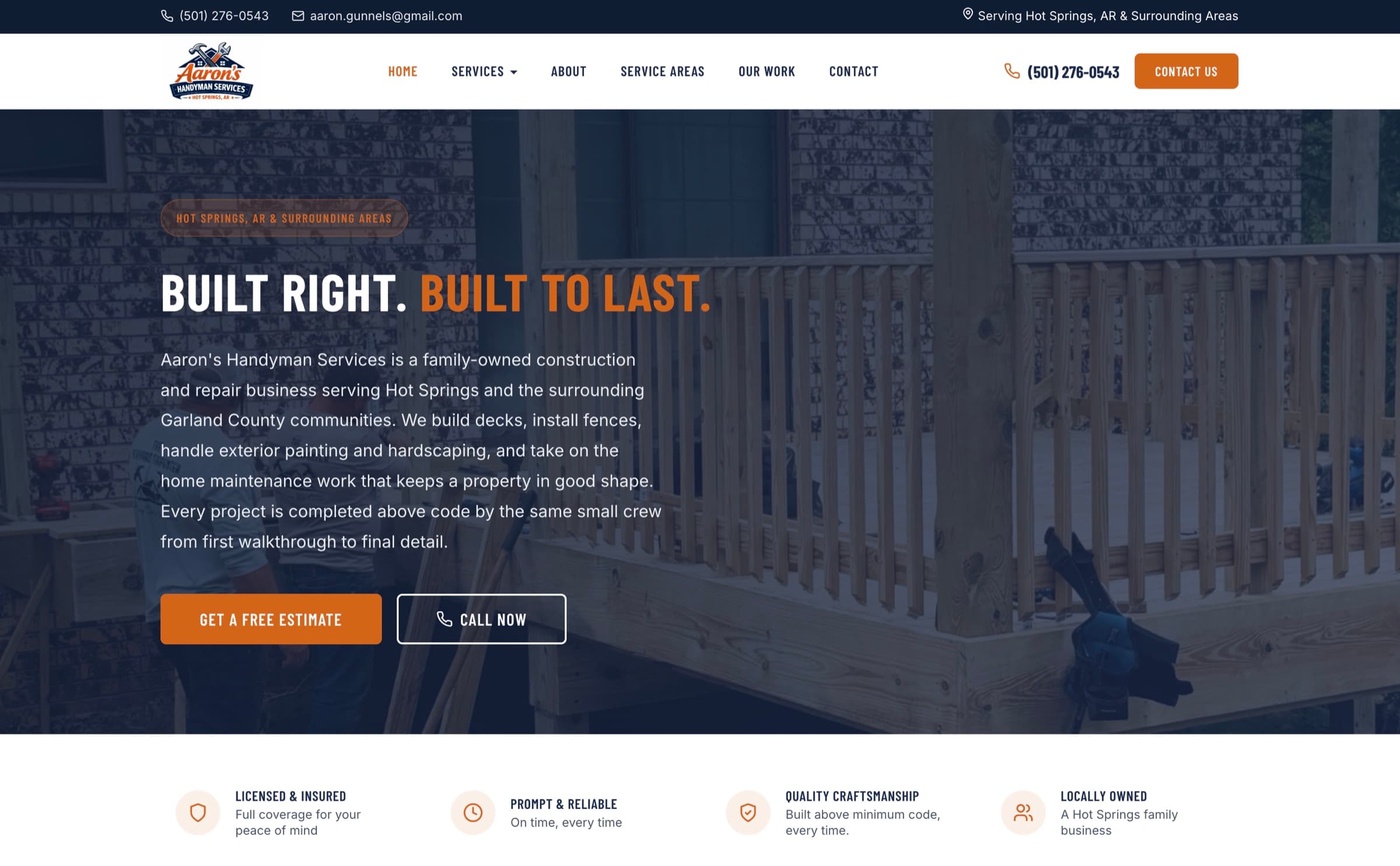 Aaron's Handyman Services screenshot. A custom WordPress theme for a family-owned construction business in Hot Springs, replacing a Wix site with programmatic service-area pages and zero SEO plugins.