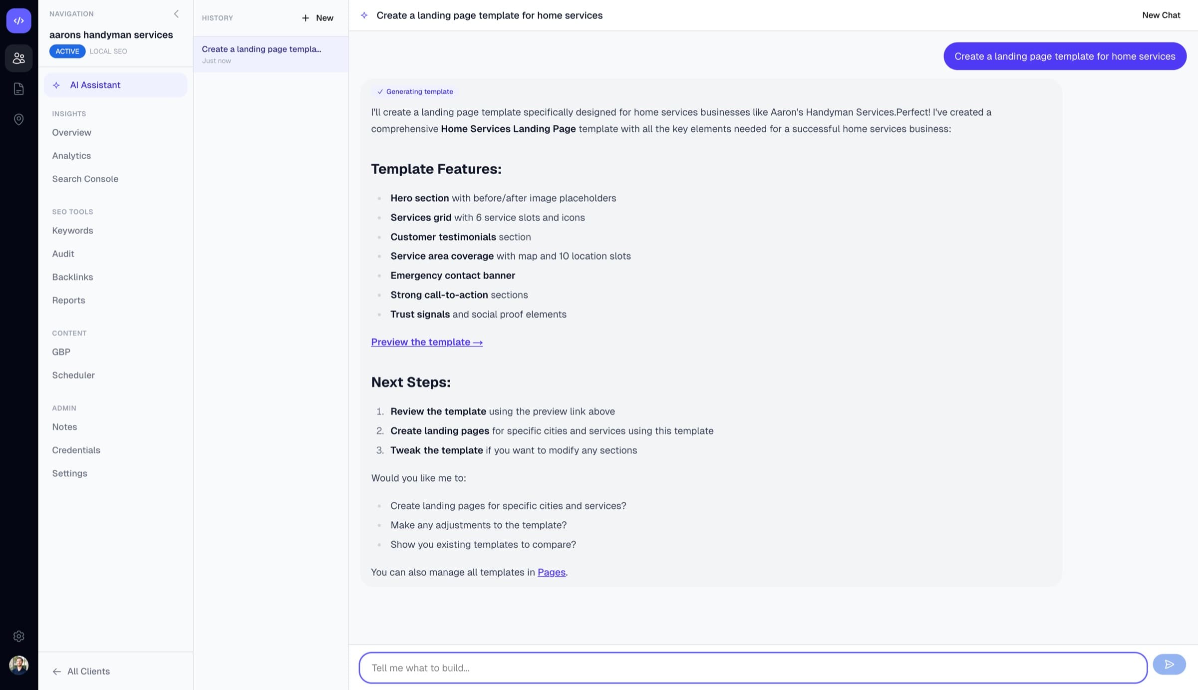 ClientForge screenshot. An SEO command center for agencies, with chat-to-deploy WordPress landing pages.