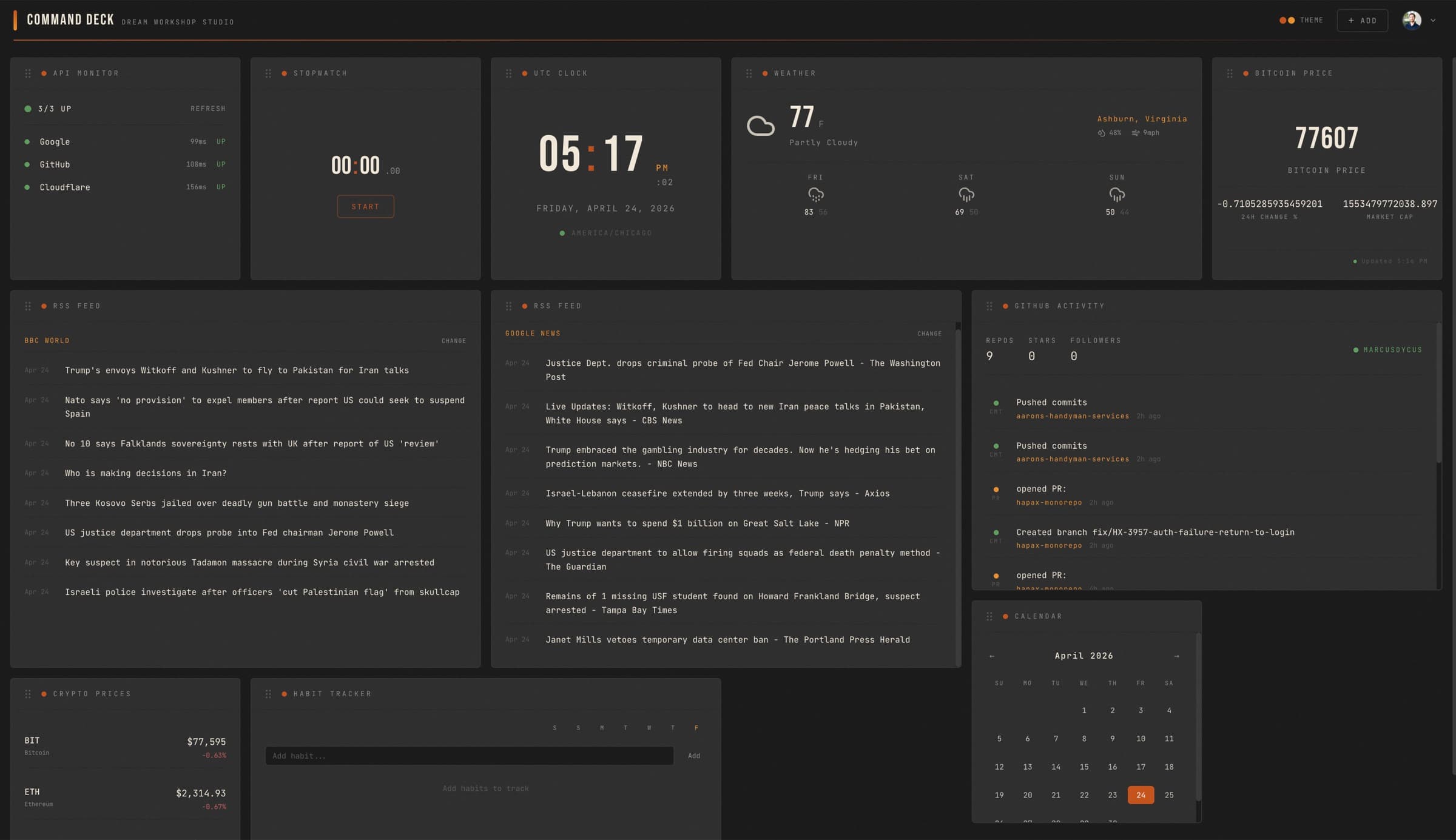 Command Deck screenshot. A free, widget-based dashboard for developers, on the web and macOS.