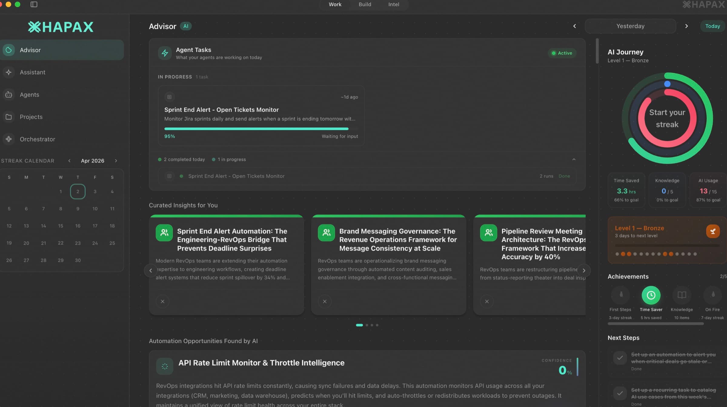 Hapax screenshot. Proactive AI co-workers that build themselves around a team. LLM-powered product surfaces shipped end-to-end.