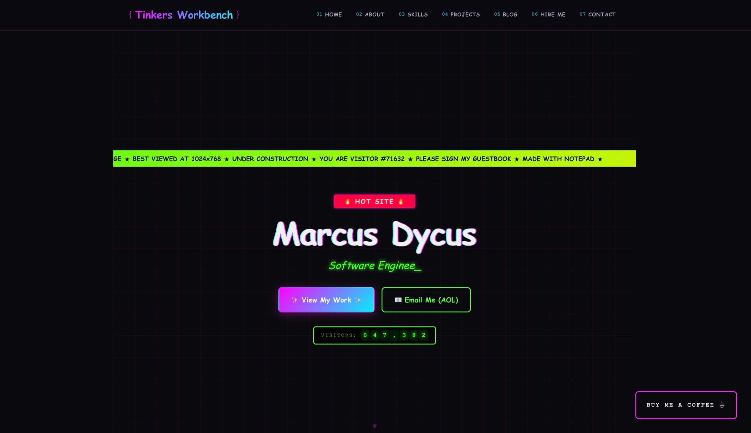 Tinkers Workbench screenshot. A satirical portfolio in Comic Sans, with immaculate code underneath.